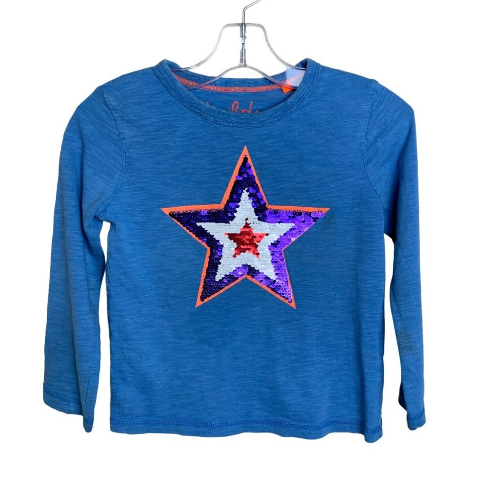 Mini Boden Flip Sequin Star Long Sleeve Blue Tee Shirt Boys 3-4